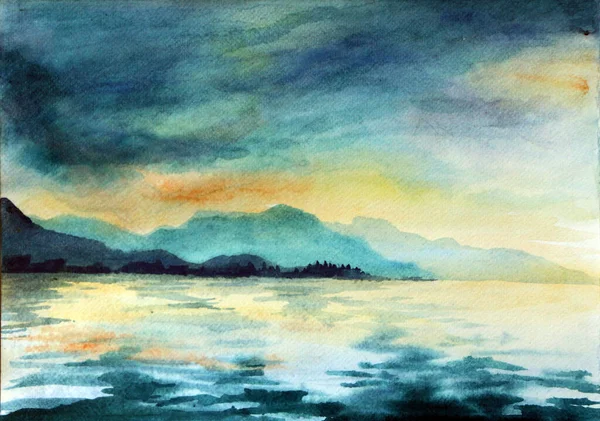 Dağları olan güzel bir göl. Suluboya resim çizimi.