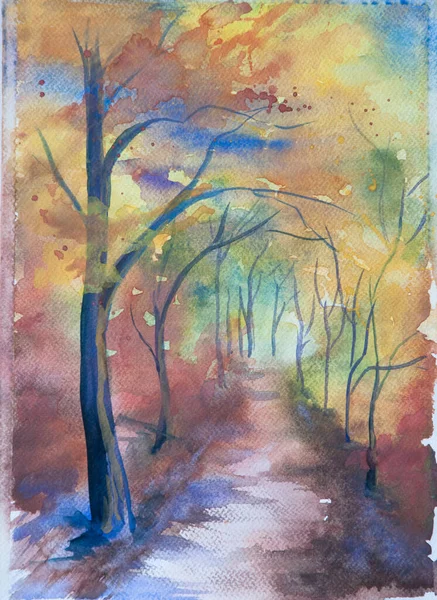 Autumn landscape with forest road. Colorful watercolor painting of fall season.