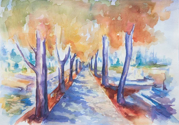 Yol ve ağaçlarla dolu sonbahar manzarası. Sonbahar mevsiminin renkli suluboya resmi.