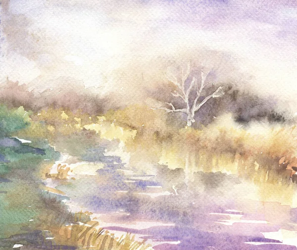 Ağaç ve nehirle kaplı Mistik sonbahar manzarası. Sonbahar mevsiminin suluboya resmi.