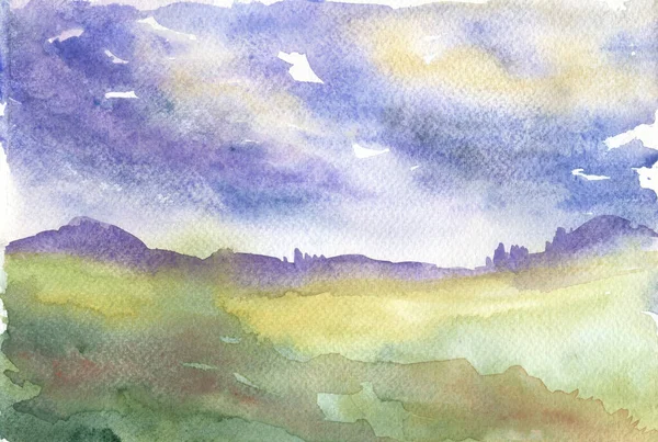 Çayırları ve dağları olan güzel bir yaz manzarası. Suluboya resim çizimi.