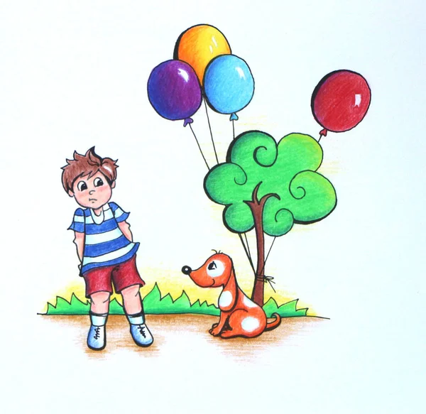 Köpekli ve balonlu küçük çocuk. Renkli el çizimi..