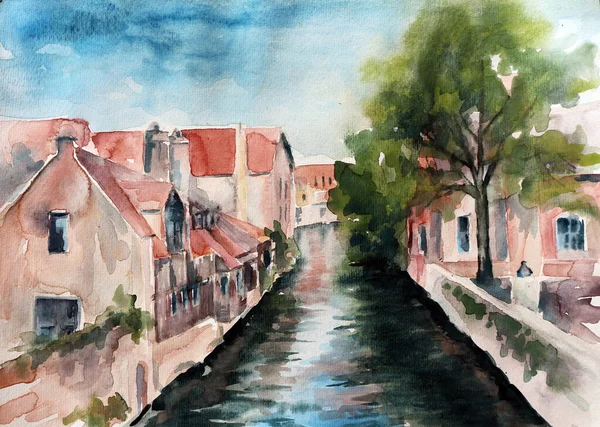 Belçika 'daki Bruges Kanalı - suluboya resim.