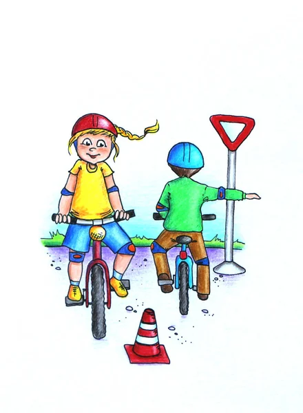 Los Niños Aprenden Las Reglas Tráfico Bicicletas Dibujo Mano Colorido — Foto de Stock