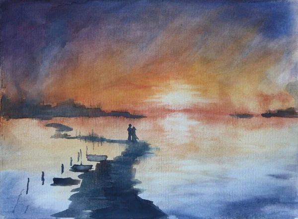 Romantik bir çiftle sahilde güzel bir gün batımı. Suluboya resim..