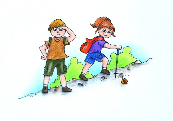 Oğlan ve kız dağlarda yürüyüş yapıyor - renkli el çizimleri..