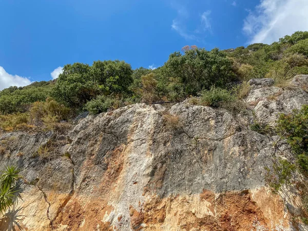 Sheer cliff with vegetation and blue sky