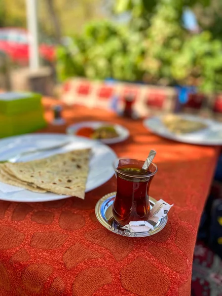 Turkish tea and Turkish gozleme in nature