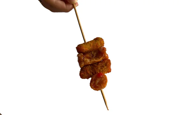 Child Holding Skewer Sausage Food White Background — Stock Photo, Image