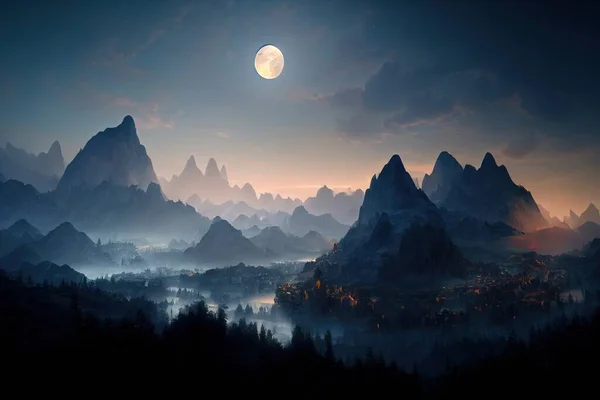 mountain landscape with moon and mountains, illustration