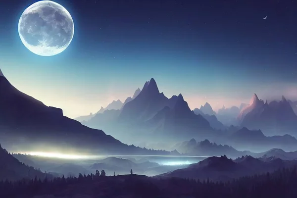 mountain landscape with moon and mountains, illustration