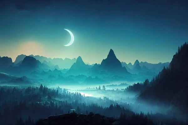 mountain landscape with moon and mountains, illustration