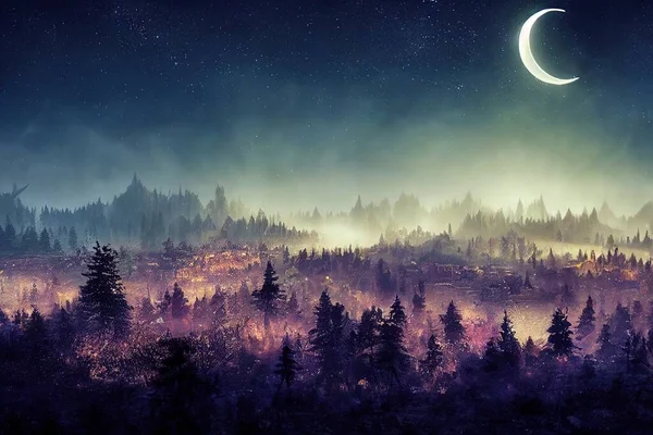 beautiful night landscape with trees and forest