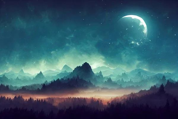 mountain landscape with moon and stars