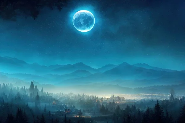 beautiful night landscape with moon and mountains