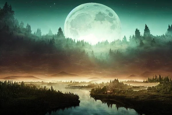 mountain landscape with moon and forest