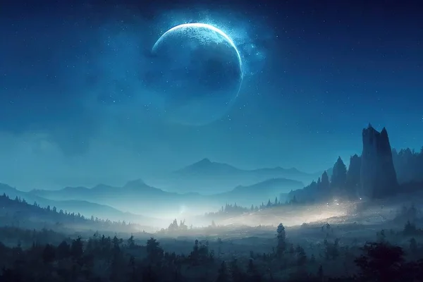 mountain landscape with moon and stars