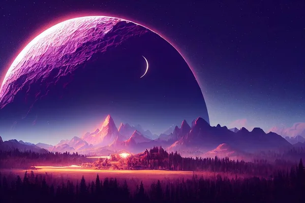 3d rendering of a planet field with moon and stars