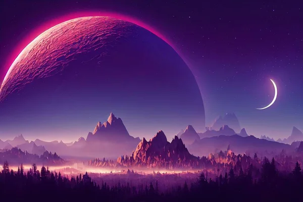3d rendering of a planet field with a moon and a mountain