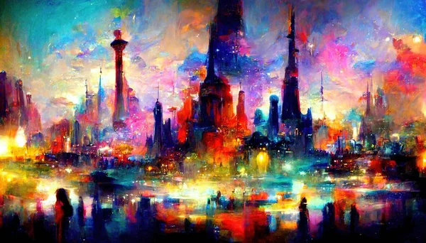 abstract oil art painting. illustration. skyscrapers