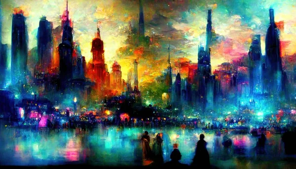 abstract oil art painting. illustration. skyscrapers