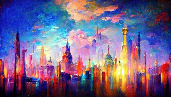 abstract oil art painting. illustration. skyscrapers