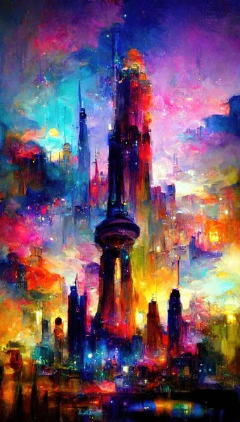 abstract oil art painting. illustration. skyscrapers
