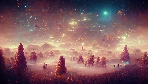 beautiful night landscape with a tree and a moon. star constellations. fantasy landscape.