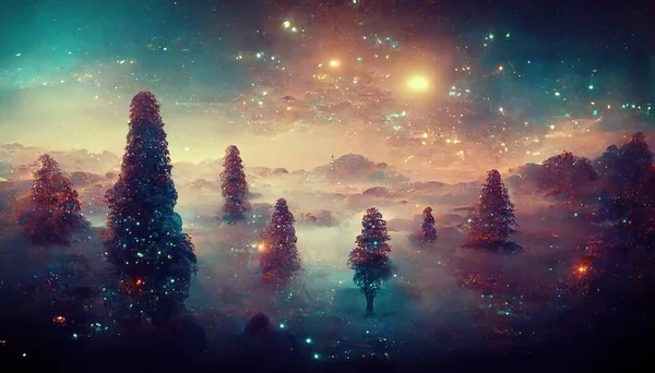 beautiful night landscape with a tree and a moon. star constellations. fantasy landscape.