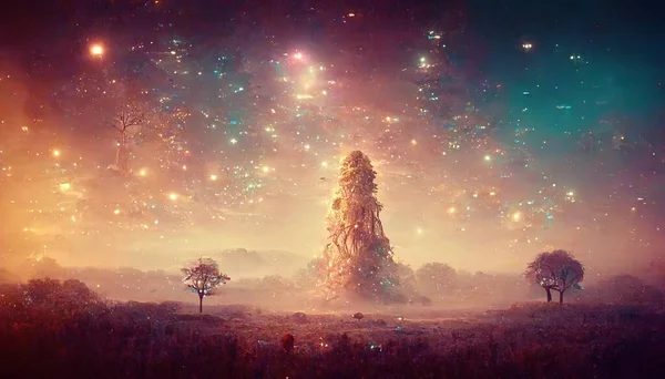 beautiful night landscape with a tree and a moon. star constellations. fantasy landscape.