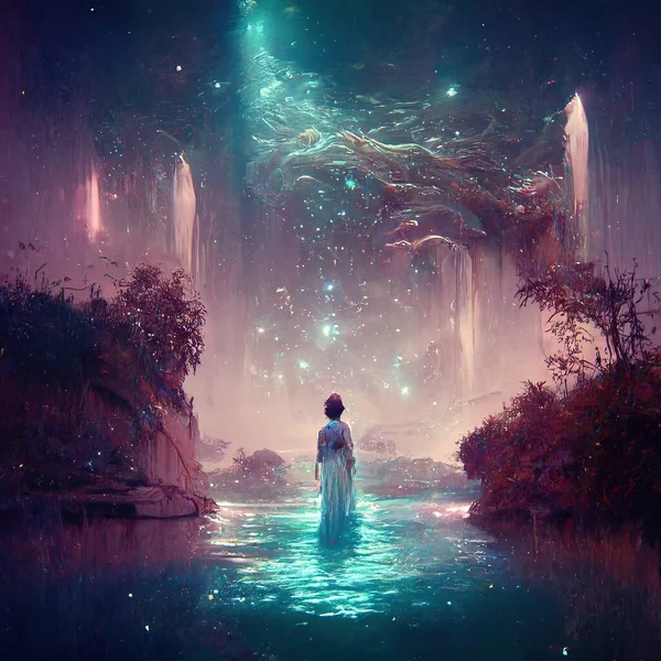 Lake spirit, constellations, Mother of nature, Gigantic being, fantasy, Concept Art, Illustration, Digital Painting, CG Artwork, Book Illustration.