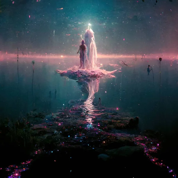 Lake spirit, constellations, Mother of nature, Gigantic being, fantasy, Concept Art, Illustration, Digital Painting, CG Artwork, Book Illustration.