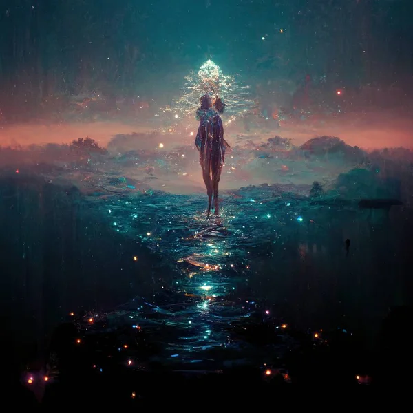 Lake spirit, constellations, Mother of nature, Gigantic being, fantasy, Concept Art, Illustration, Digital Painting, CG Artwork, Book Illustration.