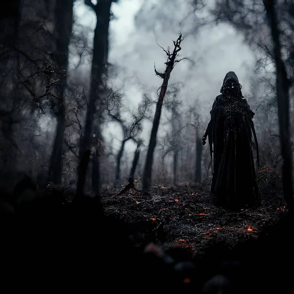 spooky witch in the forest, scary halloween concept