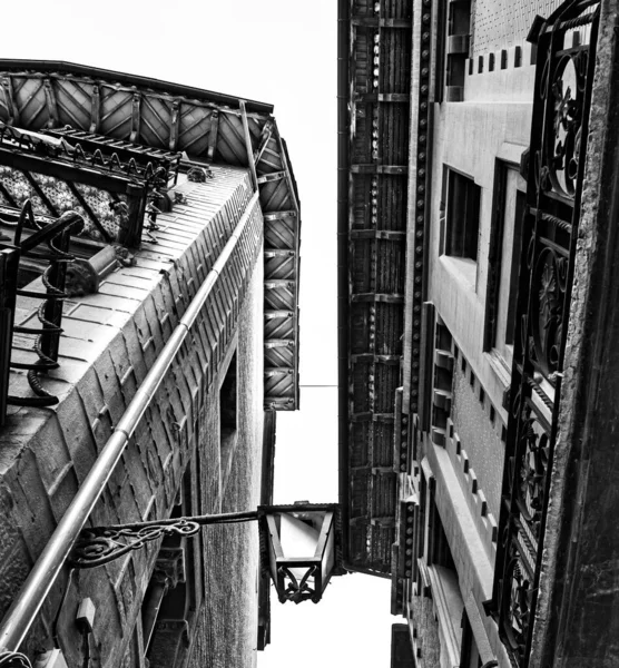 예술적 장식을 고전적 모더니즘 건축물 아래에서 바라보라 흑백으로 전면의 기술의 — 스톡 사진