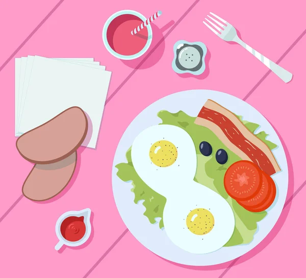 Frühstück auf dem Tisch, Blick von oben — Stockvektor