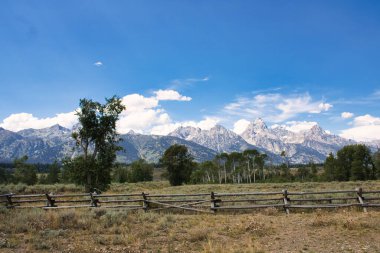 Şekil Değiştirme Şapeli 'nin özelliğinden manzara görüntüsü. Arazi ve yaprak döken ağaçlar ön planda bir çit örüyorlar. Bu arada Grand Teton sıradağları da uzak mesafede.