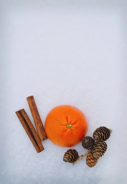 Set Natalizio Sfondo Con Decorazioni Regalo Natale Pigne Cannella Mandarino — Foto Stock