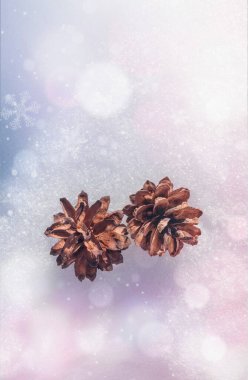 Karda çam dalları ve kozalaklar olan Noel arkaplanı, kopyalama alanı. Mutlu noeller ve mutlu yeni yıl kutlamaları. Kış. Donmuş yeşil dallar ve çam kozalakları. kış arkaplanı 