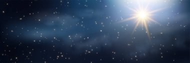 Parlak yıldızlı karanlık mavi gökyüzü. Altın parıltı tozu arka planda sıçramış. Altın tozu. Gece yarısı samanyolu. Donanma klasik mavi rengi. Bulutlu Noel kış dokusu. Bölüm 10