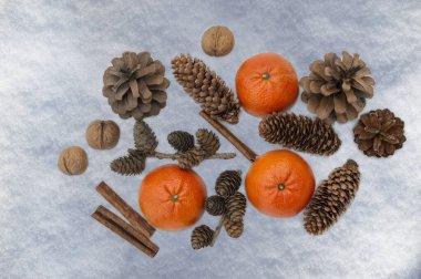 Noel arkaplanı ve süslemeleri. Noel hediyesi, kozalaklar, tarçın, beyaz karlı arka planda anason yıldızları. Noel konulu kavram. Retro tarzı. Sıfır atık Noel