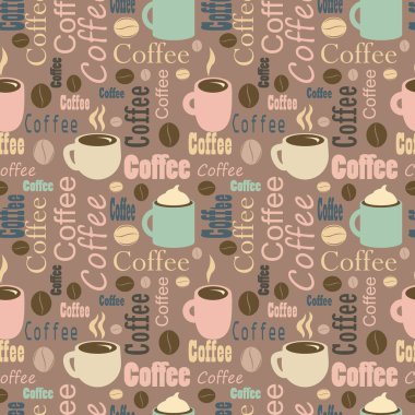 Kahve dükkanının arka planında kusursuz bir etkisi olan kahve deseni, kafe dekorasyonu, yemek mekanları ve aşçılık etkinlikleri. Kahve temalı tebrik kartı için. kahve temalı kumaş motifleri için