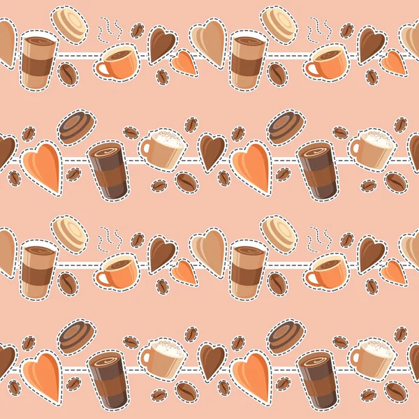 Kahve dükkanının arka planında kusursuz bir etkisi olan kahve deseni, kafe dekorasyonu, yemek mekanları ve aşçılık etkinlikleri. Kahve temalı tebrik kartı için. kahve temalı kumaş motifleri için