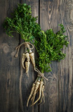 Parsley on wooden background. Fresh organic parsley herb leaves. Parsley branch.The concept of natural and healthy nutrition. From the garden. Cooking. Vegan food. Useful product. Vitaminized product.