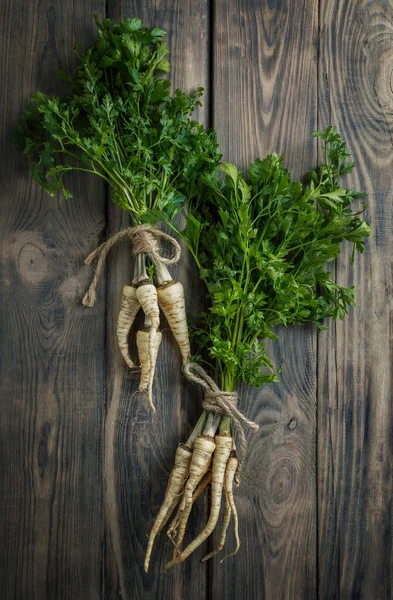Parsley Wooden Background Fresh Organic Parsley Herb Leaves Parsley Branch — Stock Photo, Image