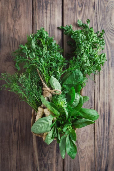 Fresh Celery Parsley Basil Dill Wooden Background Health Fresh Green — 스톡 사진