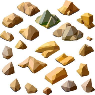 Beyaz zemin üzerinde çokgen taşlar var. 3d Vektör illüstrasyonu. Isome Manzarası. Vektör illüstrasyonu