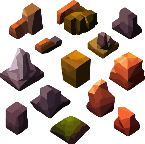 Polygonal stone set on white background. 3d Vector illustration. Isometric view. Vector illustration