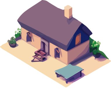 Özel bir evin izometrik görüntüsü. Düşük polimerli. Vektör illüstrasyonu