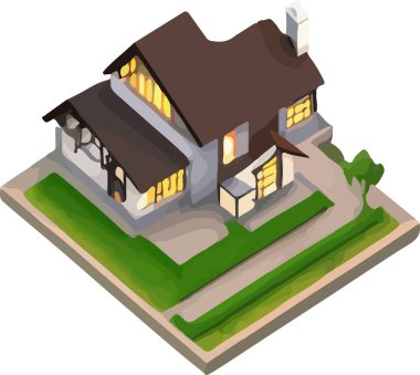 Özel bir evin izometrik görüntüsü. Düşük polimerli. Vektör illüstrasyonu